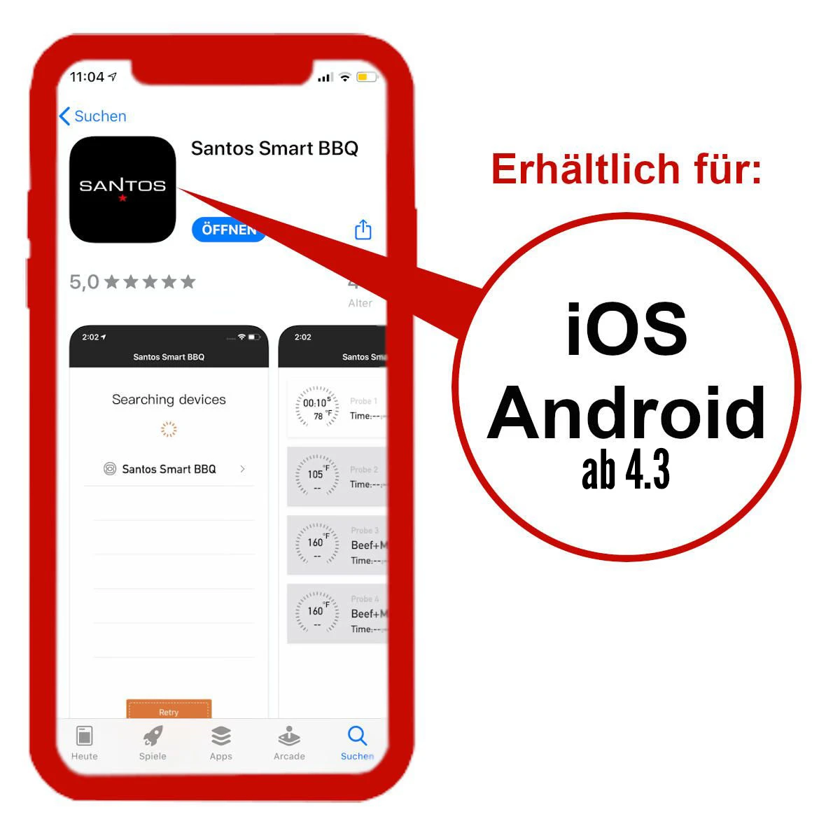 SANTOS Smart BBQ Thermometer, Steuerung Per App – 4 Temperaturfühler, Bluetooth 8 SANTOS Smart BBQ Thermometer, Steuerung Per App – 4 Temperaturfühler, Bluetooth – Bild 8
